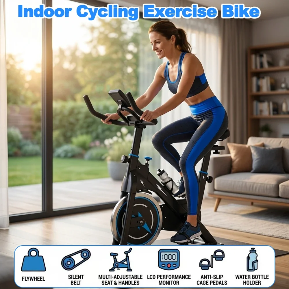 Indoor Exercise Bike with Monitor Adjustable Resistance Comfortable Seat Stable Base Portable Home Fitness Cycle for Daily Workout