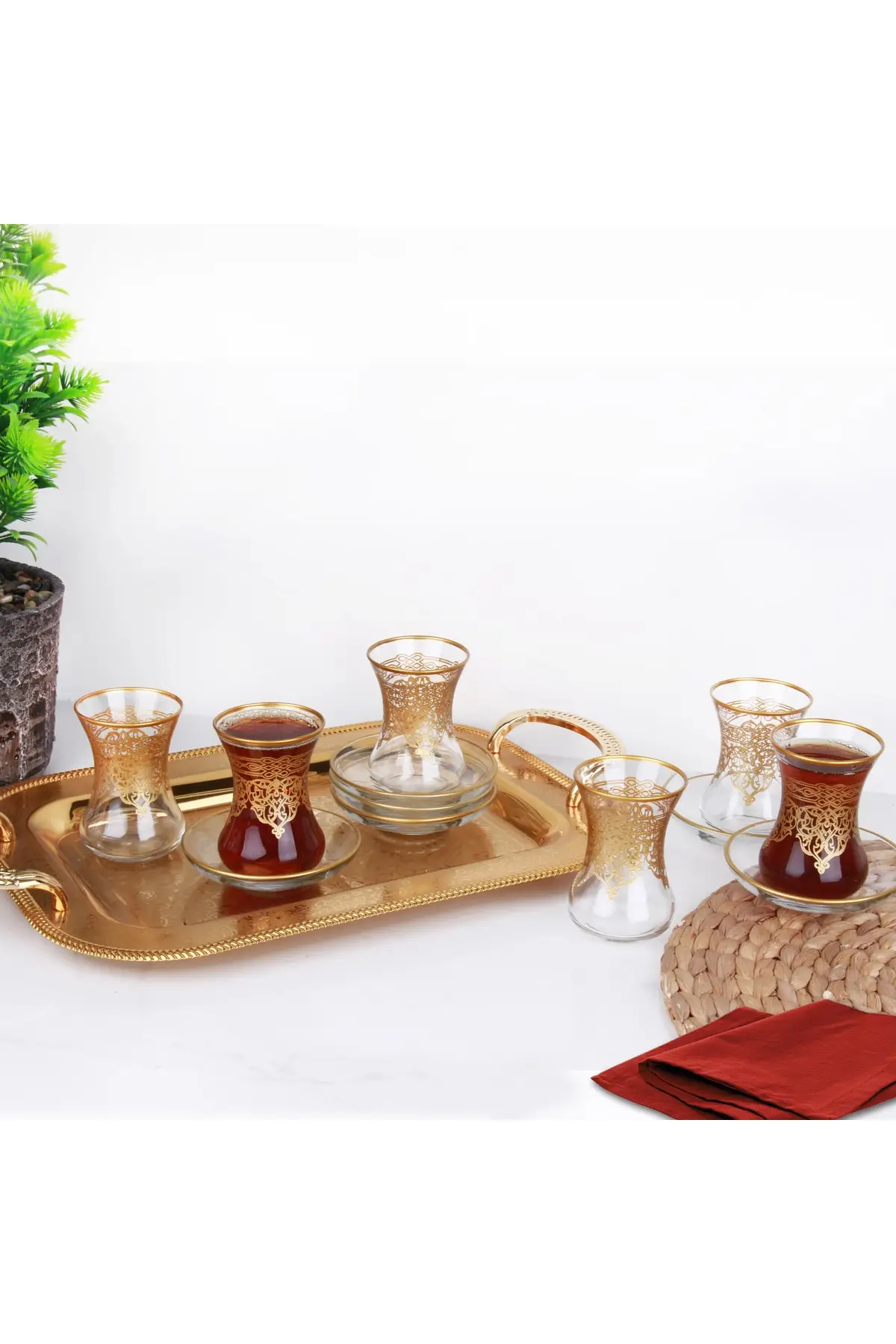 

DOLBOVI palace 12 piece mouth gold full leaf Tea set Turkish Tea Glass Cup