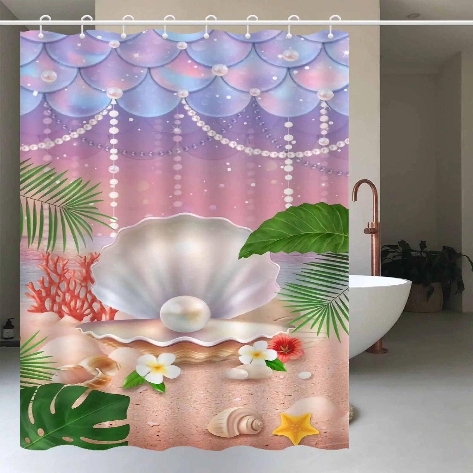 Mermaid Scale Pearl Shell Shower Curtain, Beach Ocean Print Waterproof Bath Curtain, Girly Bathroom Decor for Home
