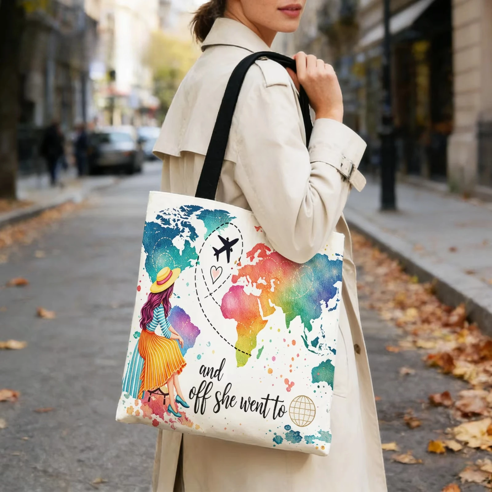 Watercolor World Map Canvas Tote Bag Travel Girl Graphic Wanderlust Quote Print Reusable Women Holiday Shopping Shoulder Handbag