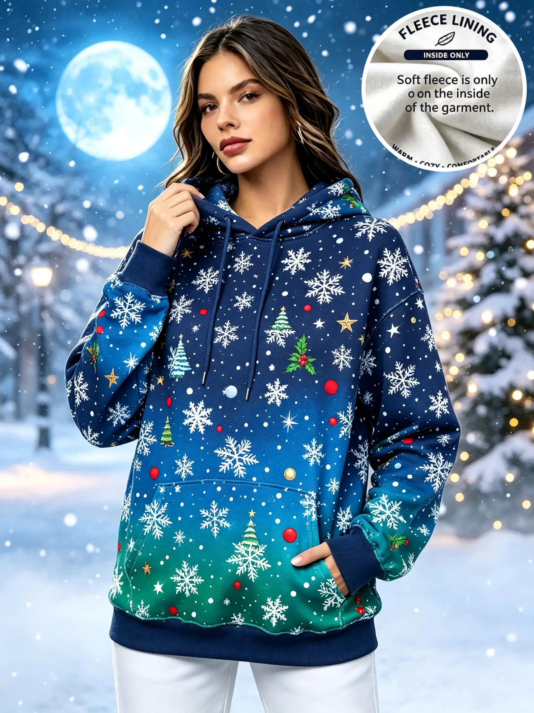 Women Christmas Allover Snowflake Xmas Tree Red Ornament Fleece Hoodie Orange Pocket Sweatshirt