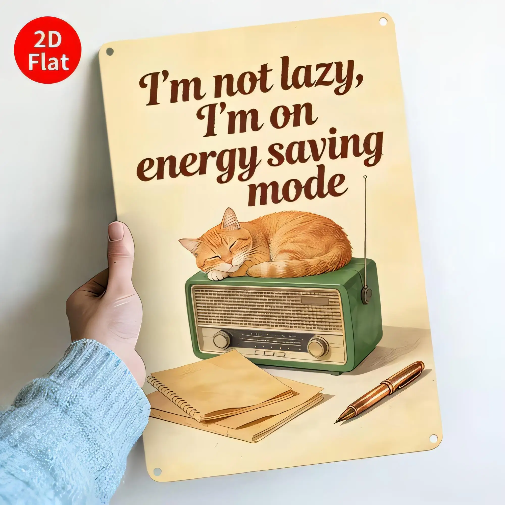 Tin Sign I'm Not Lazy I'm On Energy Saving Mode Funny Cat Sleeping In Retro Radio Wall Decor  Metal Poster for Home Office Garag