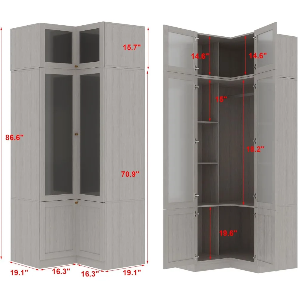 Shape Armoire Wardrobe Closet with Frosted Glass Doors, Hanging Bar & Shelves, Wooden Closet Storage Cabinet with Top