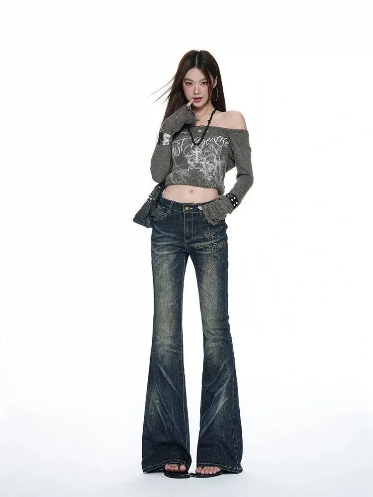 Low Waist Bell Bottom Denim Jeans Women's American Hot Girl Cross Rhinestone Jeans Cotton Stretch Bootcut Pants Autumn New Style