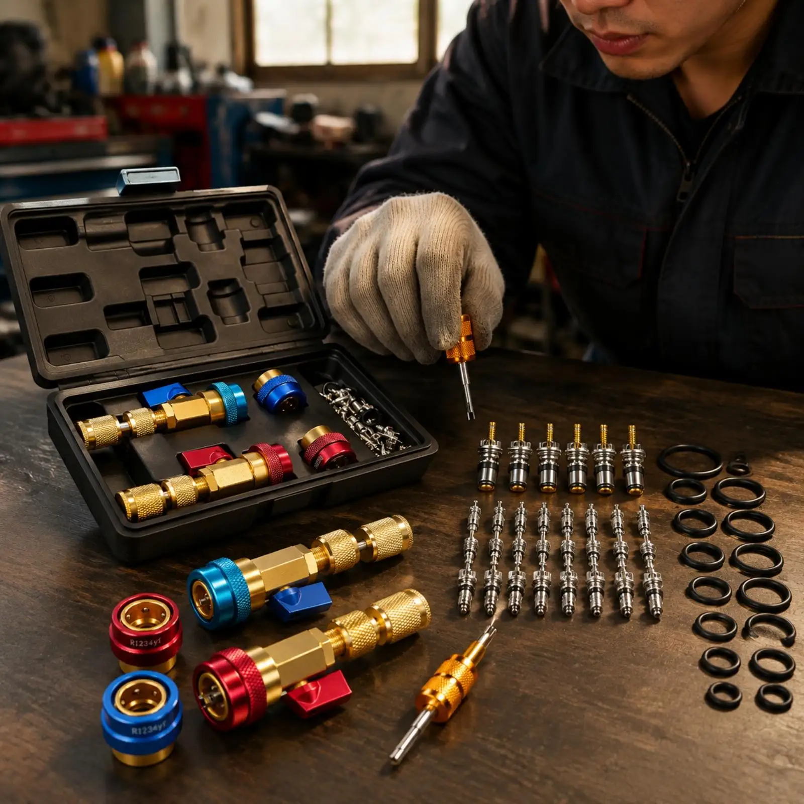 Valve Core Service Tool Kit with Molded Storage Case Knurled Grip R1234YF Valve Core Service Kit Brass Color-Coded