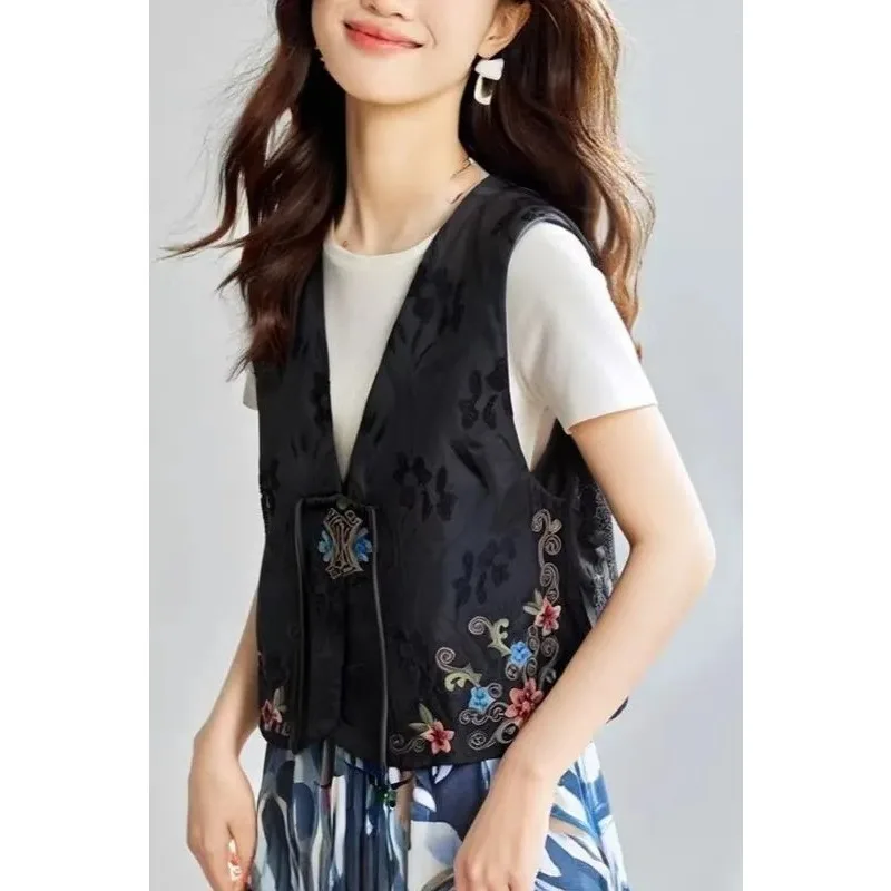 

Women's Black Chinese Style Embroidered Jacquard V Neck Sleeveless Vest with Frog Button