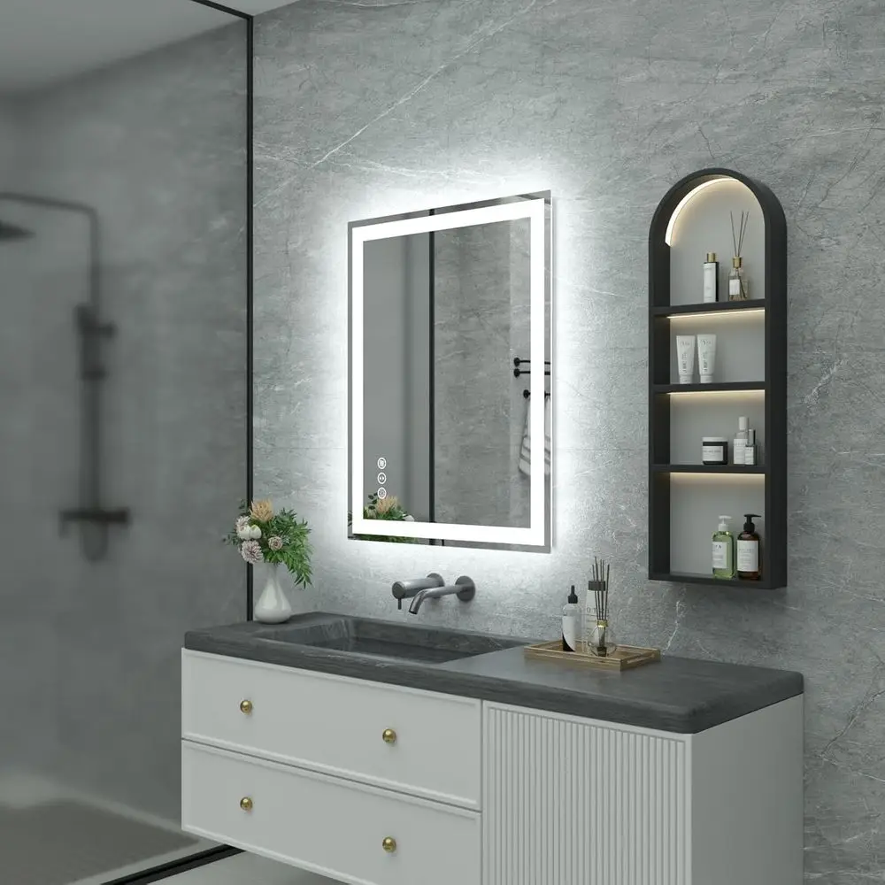 Miroir de salle de bain LED, 36 x 28 avec antibuée, rétroéclairage 3 couleurs à intensité variable, miroir de courtoisie mural