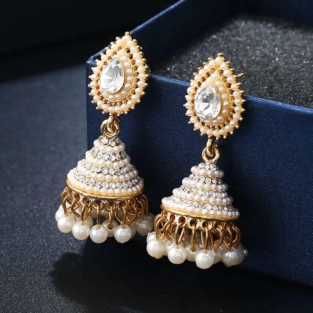 1 Pair Retro Indian Bell Earrings Pearl Crystal Pendant Drop Ear Stud Women Girls Wedding Dangle