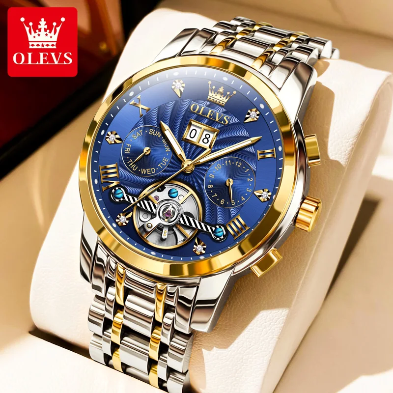 Olevs 9910 Diamant Luxe Mechanische Horloge Voor Mannen Week Kalender Display Waterdichte Man Horloges Holle Originele Automatische Horloge