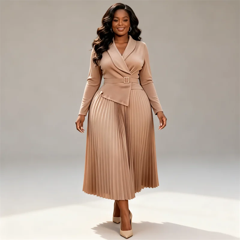 Miyake Pleated Women's Casual Fake Two-piece Dress 2026 New Solid Color Suit Collar Long-sleeved Pleated Long Skirt
