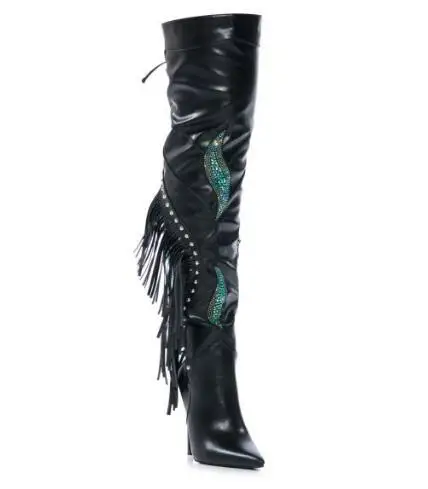 Sexy Women Black Leather Green White Bling Crystal Rhinestone Pointed Toe Thin Heels Fringe Over The Knee Boots Lace Up Boots