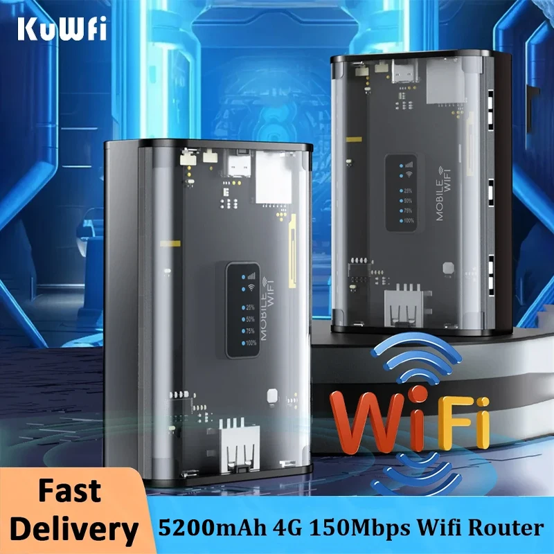 

KuWFi 5200mAh Wifi Router Unlocked SIM Card 150Mbps 4g Wireless Modem Outdoor Mobile Hotspot WI-FI High Speed Internet Adapter