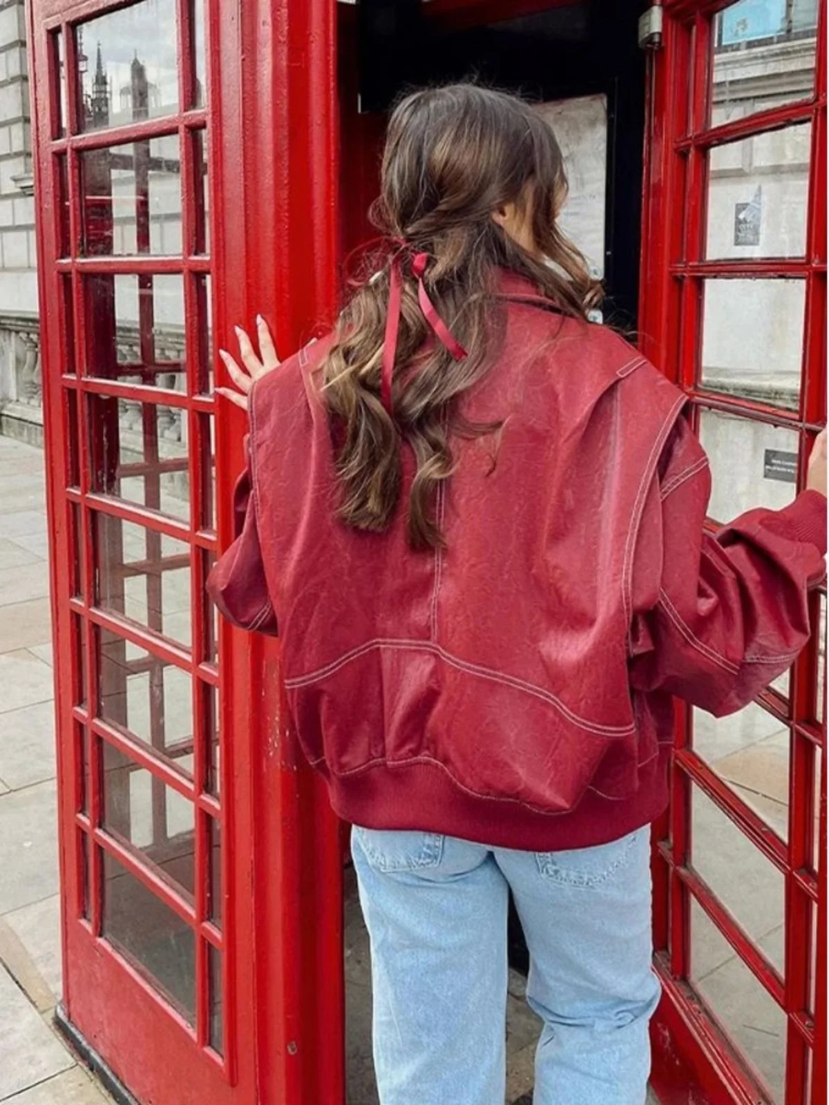 سترة جلدية فضفاضة بتصميم ستريت ستايل، ياقة عتيقة، ياقة قابلة للطي، مع سحاب، معطف خارجي بأكمام طويلة، لون صلب، موضة نسائية.