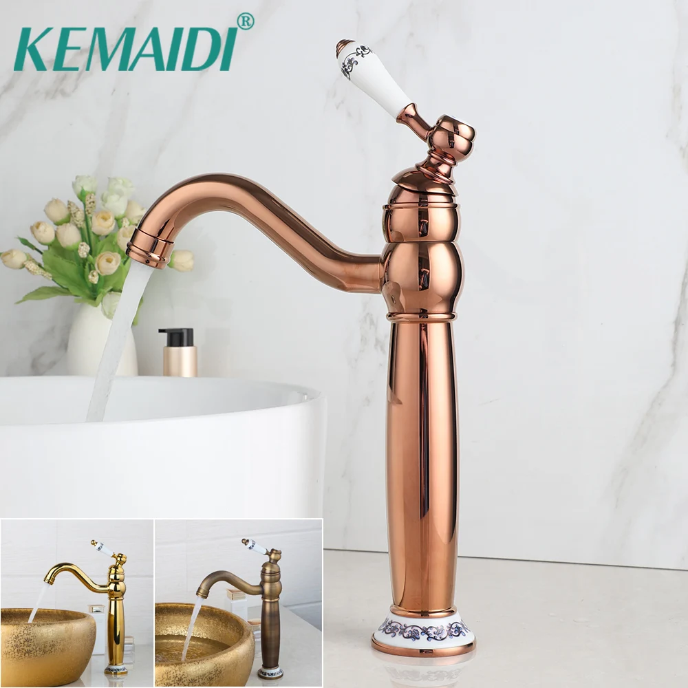 

KEMAIDI Bathroom Sink Faucets One Hole Single Lever Handle Tall Body Rose Gold 360 Swivel Spout Mixer Tap Deck Mounted