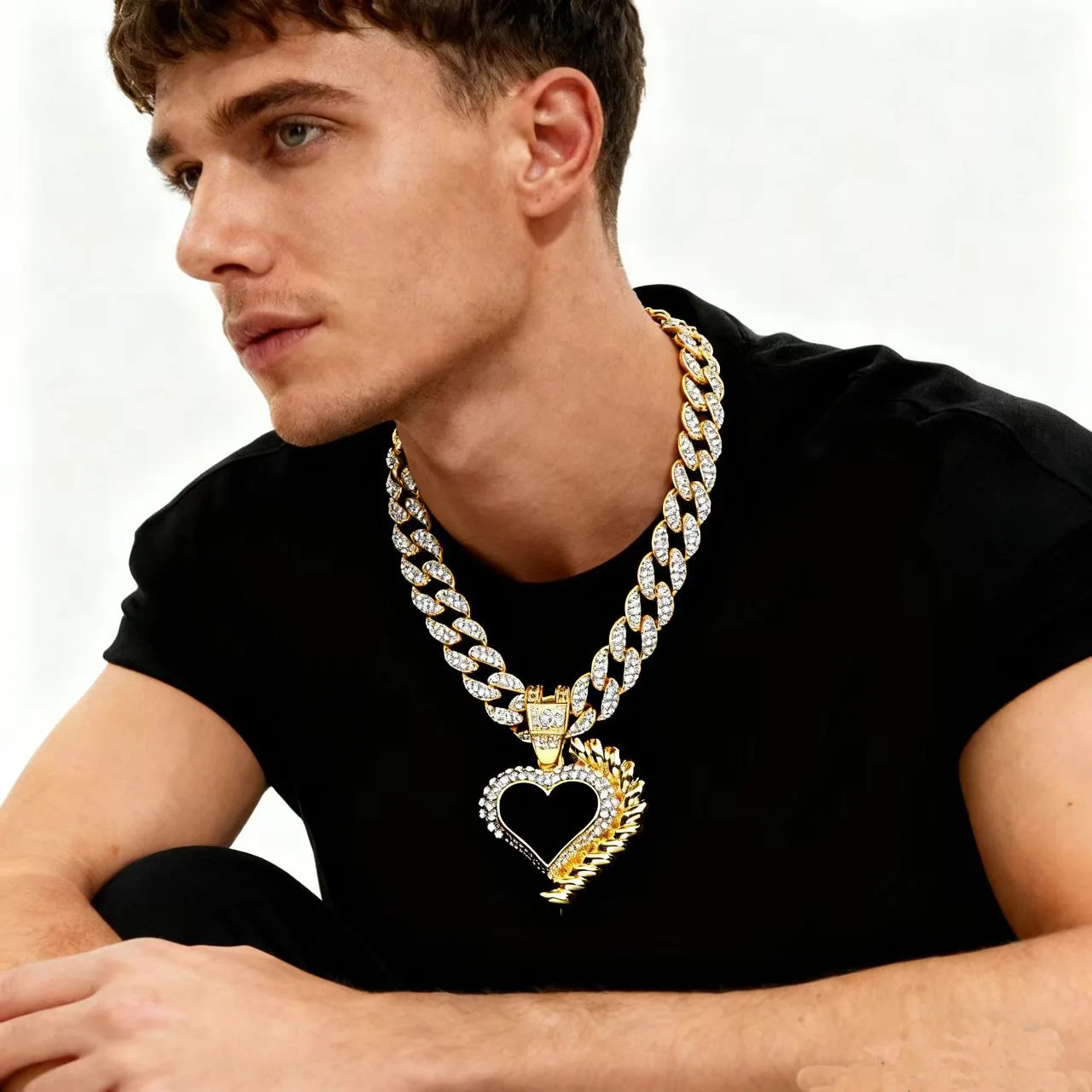 DIY accessories European and American cross-border new light luxury love full diamond alloy pendant Cuban necklace hip-hop trend