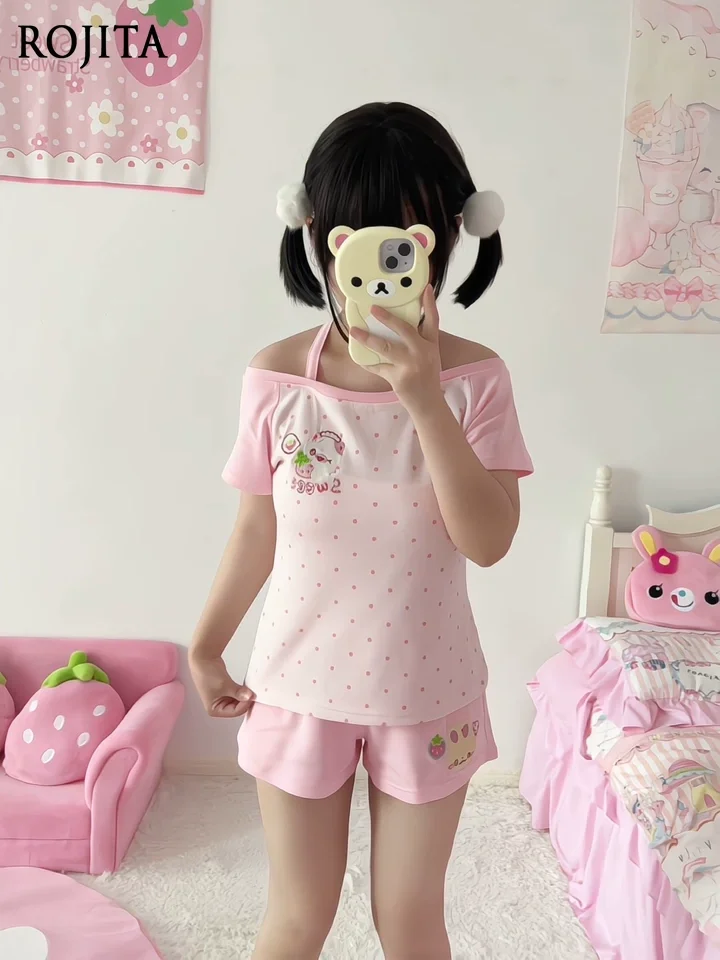 

Sweet Cute Polka Dot Strawberry Cartoon Embroidery Neck New Short Sleeve Slim Casual Home Lolita Top Shorts Two Pieces Set Women