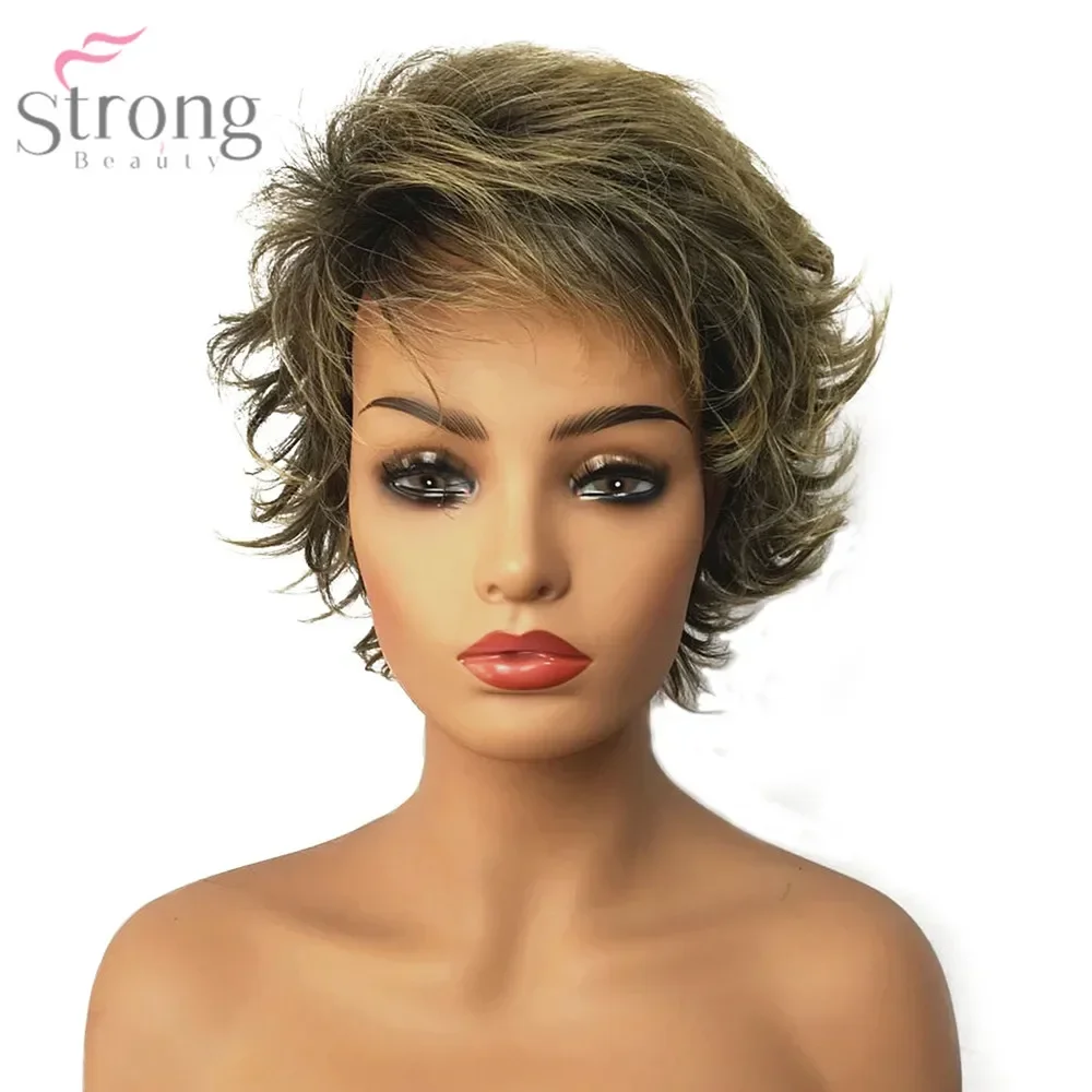 

StrongBeauty женский синтетический парик без шапочки-основы, коричневый/блонд, смешанная стрижка пикси, короткие многослойные волосы, натуральные парики