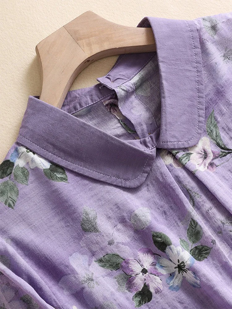 เสื้อผ้าฝ้ายลินินลายดอกไม้สไตล์เรโทร คอปกตุ๊กตาบางเบา ผ้าไหม เสื้อผู้หญิงทรงหลวม พิมพ์ลาย เหมาะสำหรับใส่ไปทำงานในฤดูร้อน