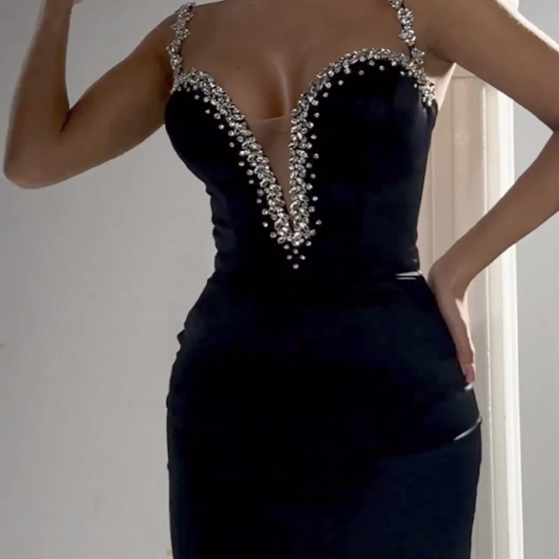 ผู้หญิงฤดูร้อนสีดําเพชรพรหมBodyconผ้าพันแผลชุดเซ็กซี่สปาเก็ตตี้Elegant Celebrity Evening Runway Party Dress
