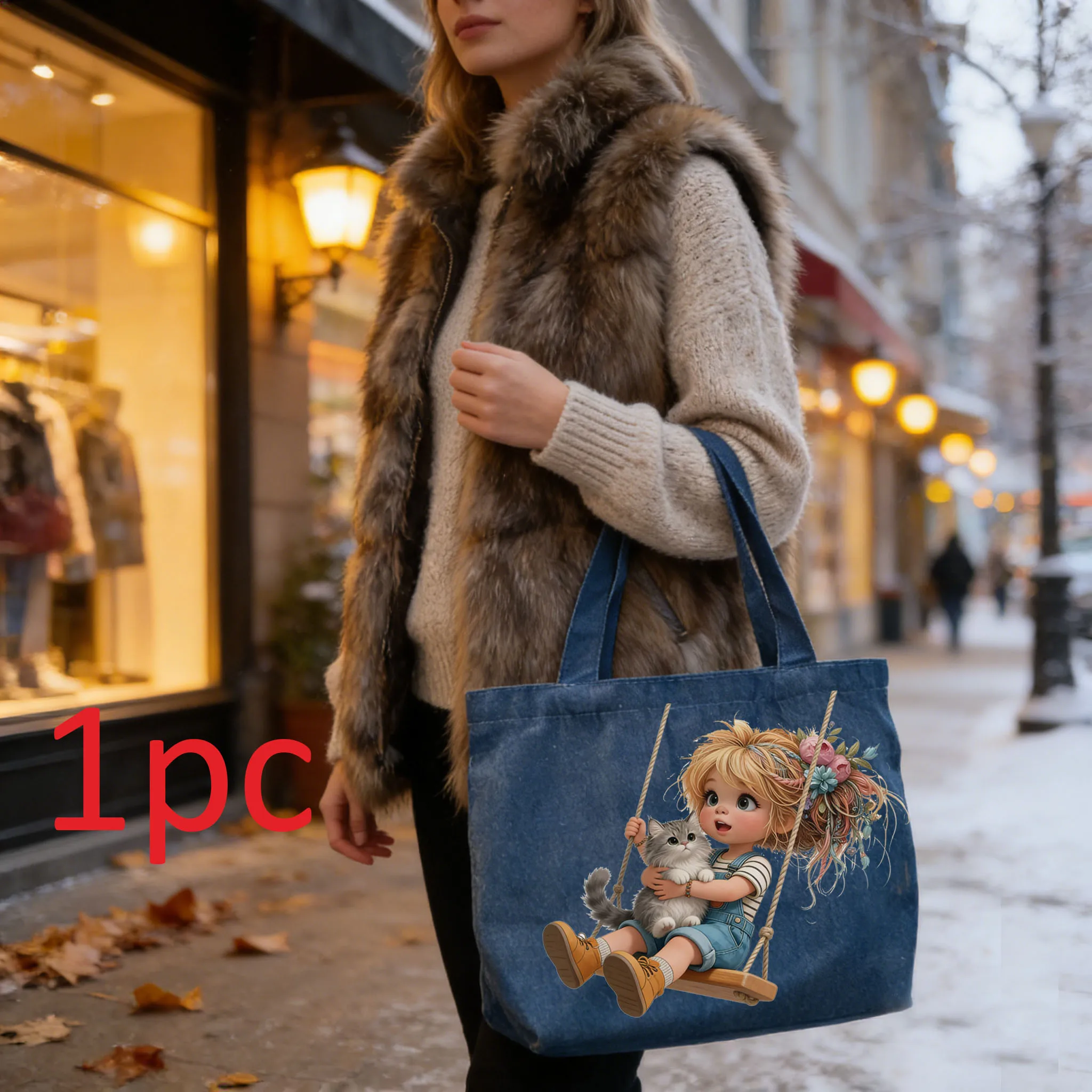 

1pc Cool little girl and kitten theme blue denim canvas shoulder bag perfect gift for sisters