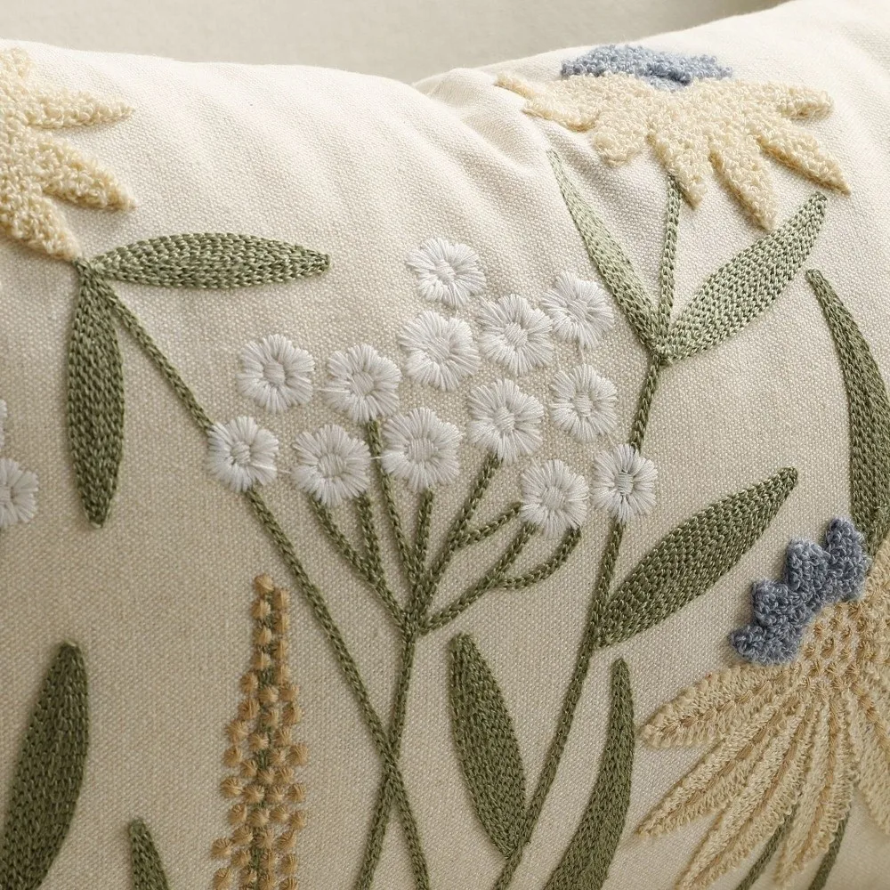 

Pastoral Floral Embroidered Cushion Cover Canvas Square Decorative Pillow Case Spring Theme Soft Texture Pillowslip Bed