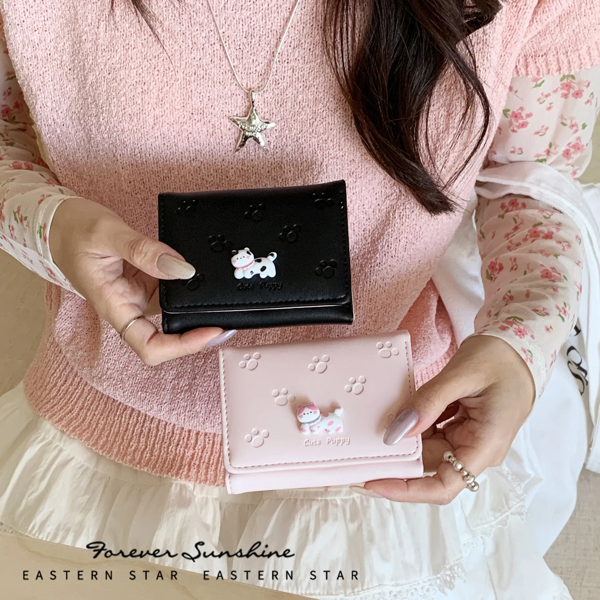 Korean-Style Cartoon Trifold Wallet Minimalist Cute Pattern Card Holder Cat Paw Print Pu Leather Coin Purse Daily Outings