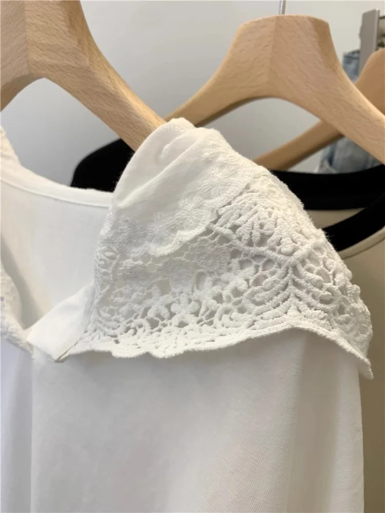 Grote Maat 300Pou Kant Splice Capuchon Faion Losse Lange Sve T irt Vrouwen Lente Koreaanse Sle Hoed irt Base irt