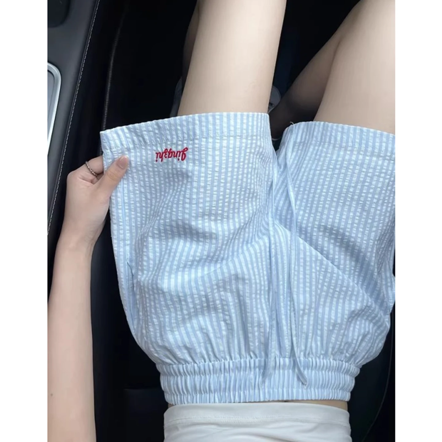 

Summer Stripe Sports Shorts Women's Thin Large Size Loose Running Wide Leg Pants High Waist Straight Cut Commute Style