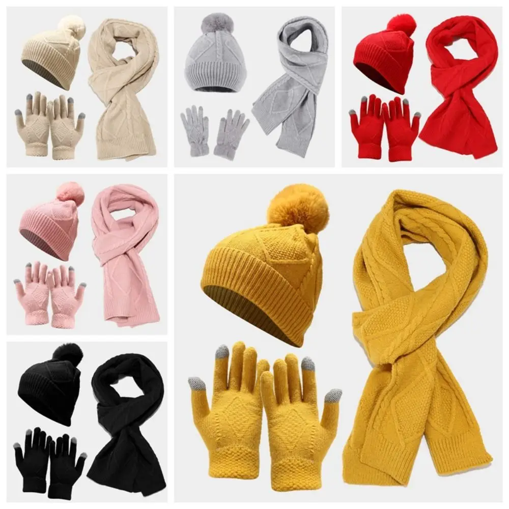 Yarmulke Conjunto de bufanda y gorro elástico con pantalla táctil, guantes cálidos a prueba de frío, gorro de lana con bola de felpa con estampado de rombos para exteriores