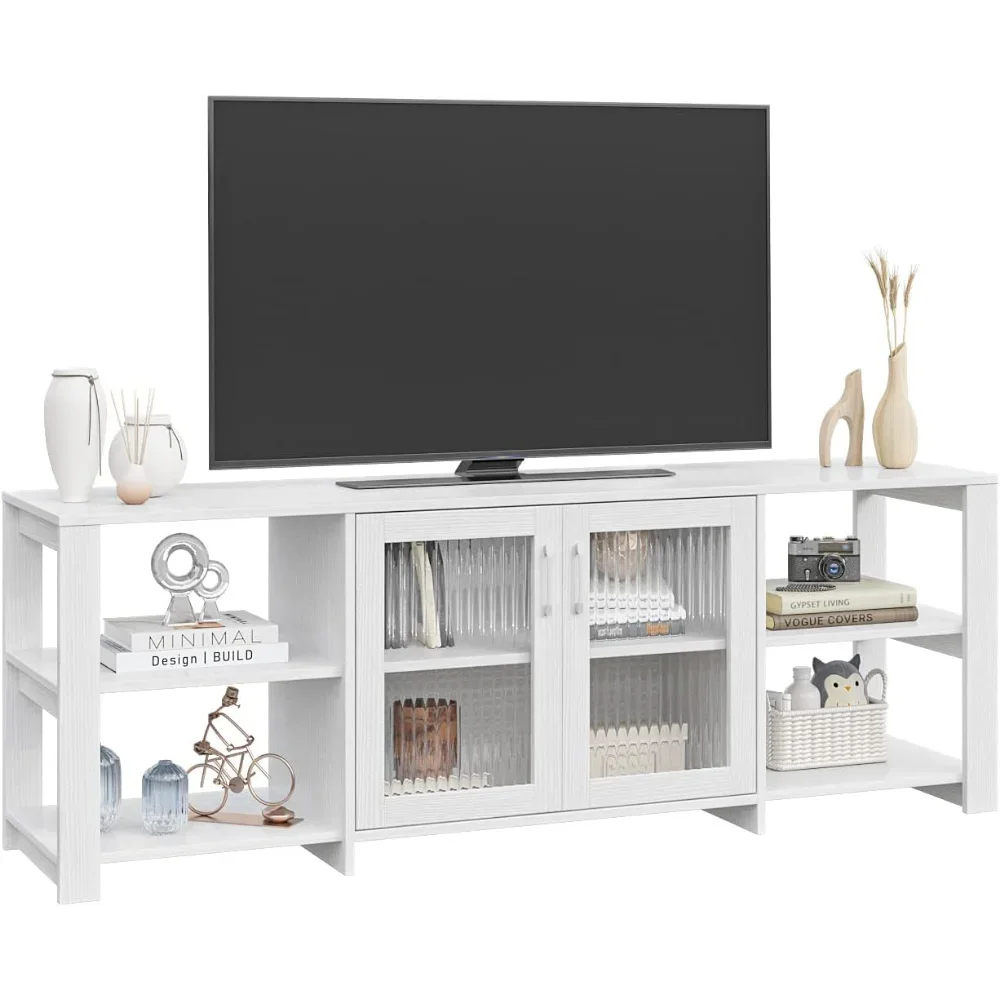 TV Stand with 2 Doors 4 Open Cubby Storage Cabinets, TVs Up To 70 Inches, Stands Cabinet