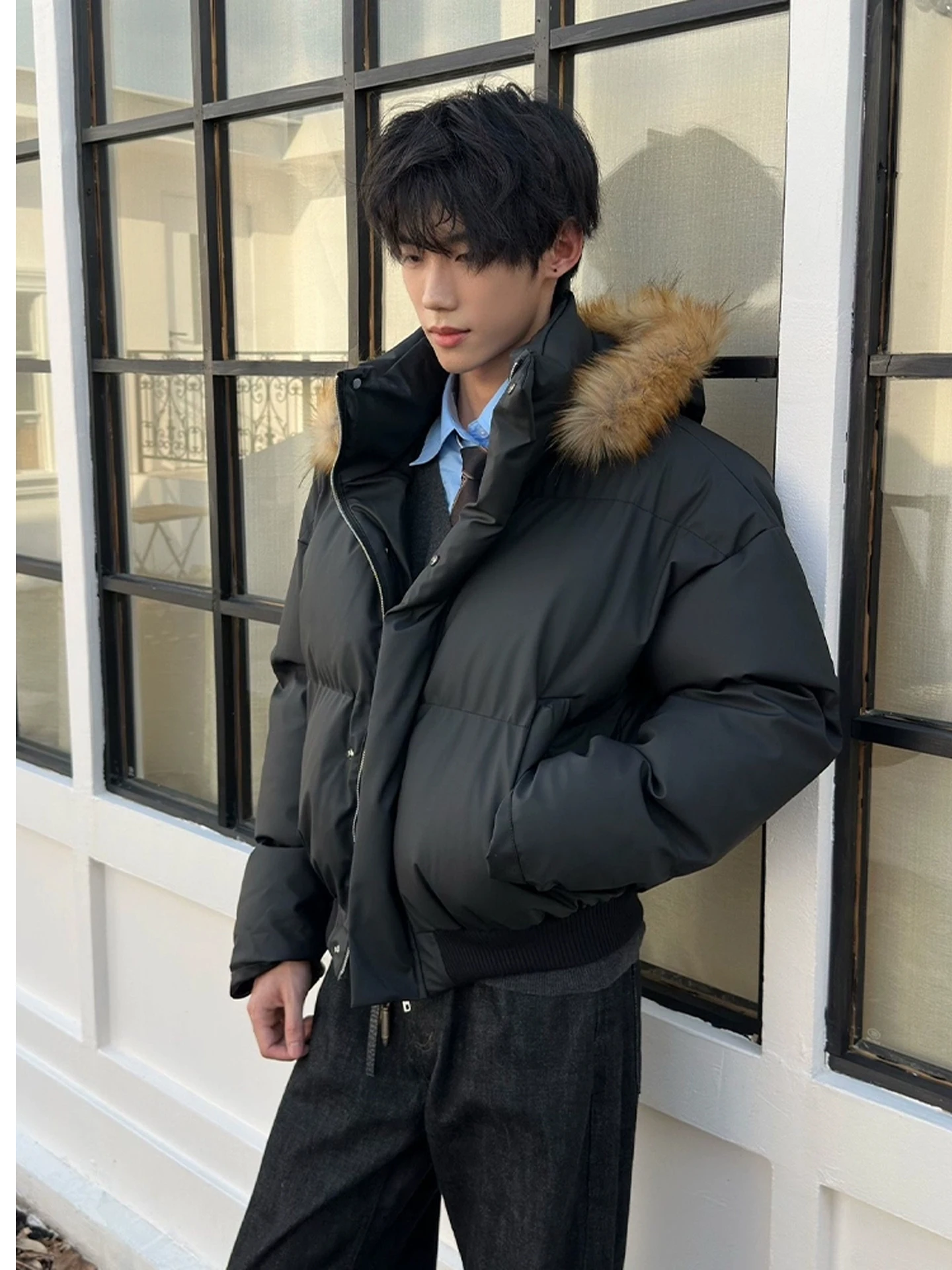 

Зимняя куртка Bla American Sle из искусственной кожи с капюшоном, на пуху, с отстегивающимся большим меховым воротником, утепленная хлопком, теплая кожаная куртка