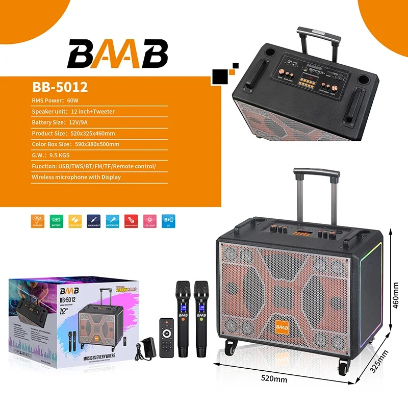 

Портативная беспроводная DJ-колонка BB-5012 12 дюймов, 30 Вт, с зарядкой, микрофоном, для больших вечеринок, уличная, на колесиках, для домашнего использования и подключения к компьютеру