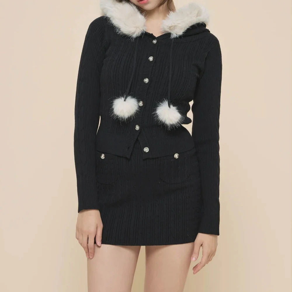 Japanese Fashion Sweet Two-piece Set Hooded Knitted Short Cardigan Pocket Hip Mini Skirt Daily Commuter Casual Womens Clothing