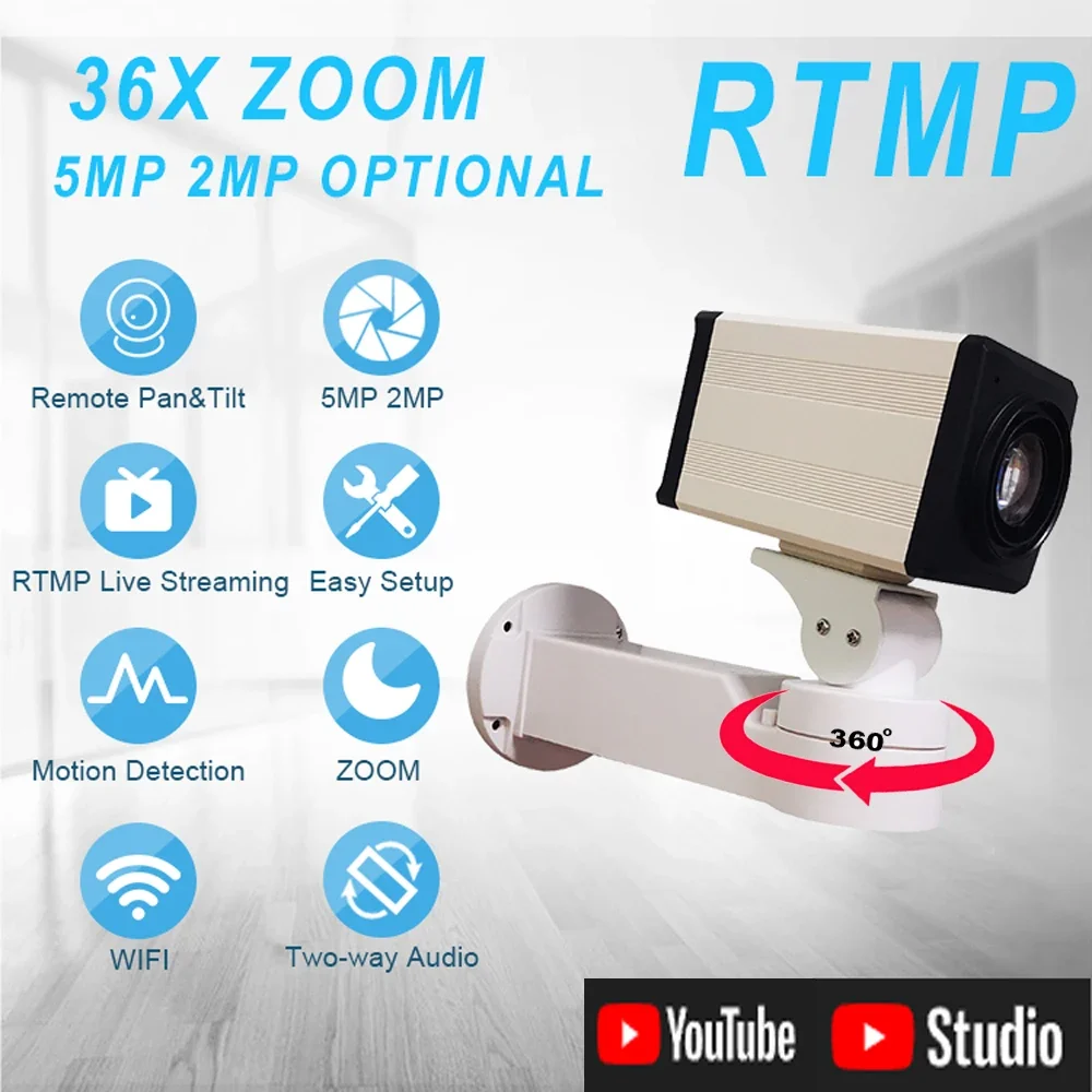 กล้องมินิ PTZ ไร้สาย WiFi 5MP ซูม 36 เท่า กล้อง IP สำหรับถ่ายทอดสด 30 เท่า สตรีมวิดีโอไปยัง YouTube ผ่าน RTMP พร้อมเสียงเข้าทางสาย รองรับแอป Camhi