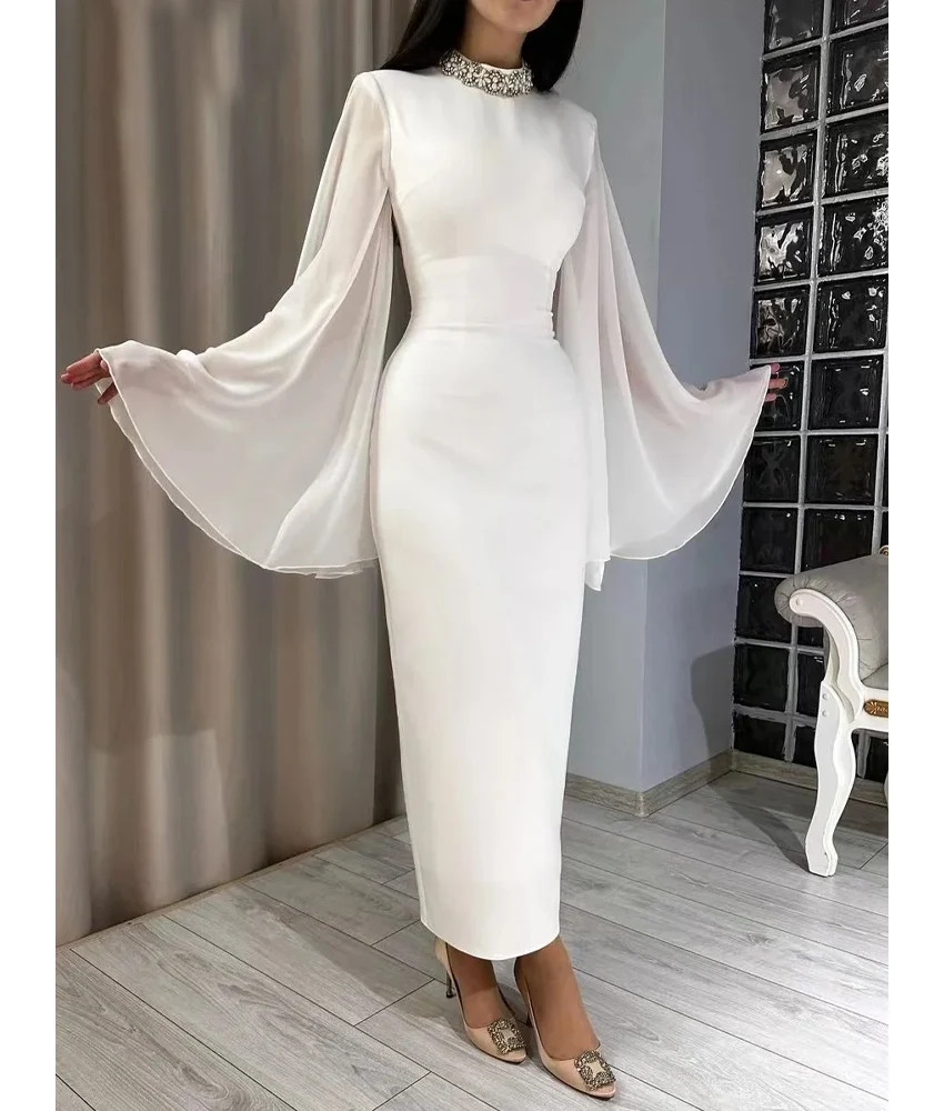 

Customized Graceful Jersey Straight Crystal Flowers Evening Dress Delicate Long Sleeves High Collar Ankle Length prom dresses