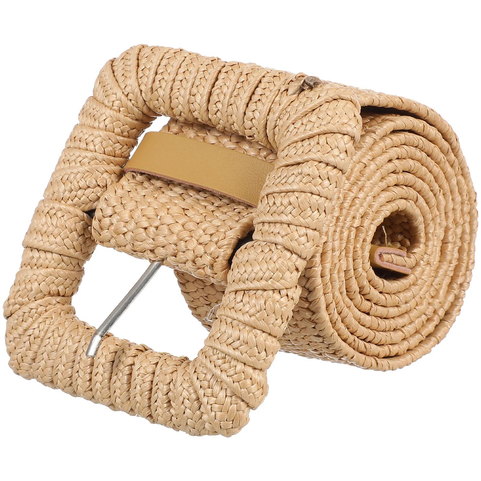 

Elastic Grass Belt Woven Square Buckle PP Khaki Adjustable Wide Belts For Women Dresses Jeans Boho Vintage Style Trendy