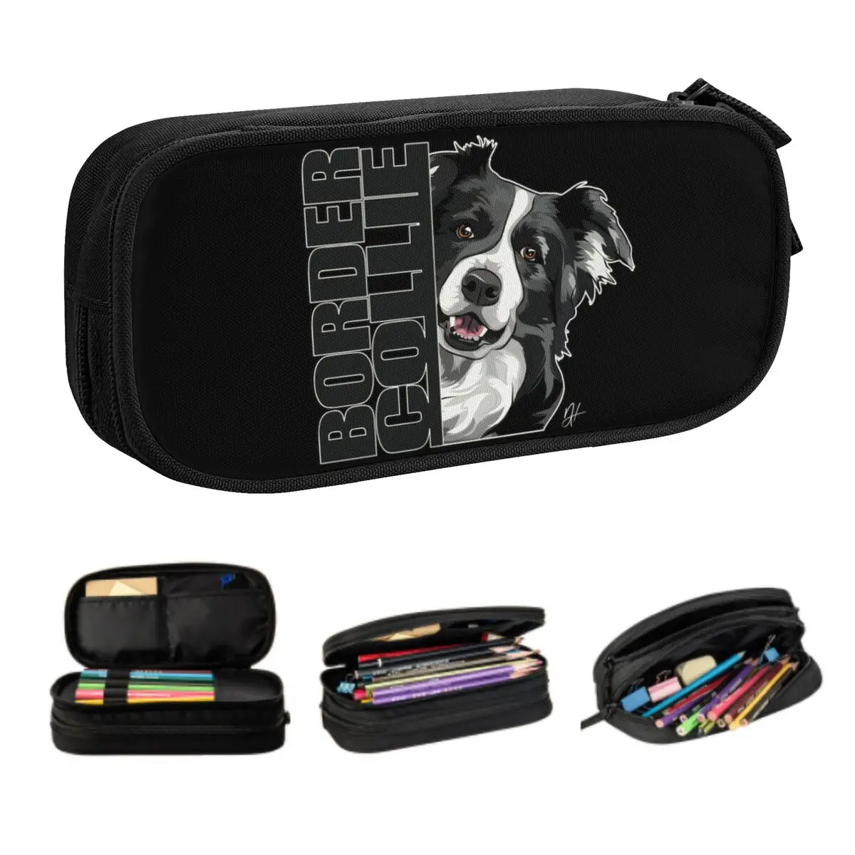 Kawaii Border Collie Huetehund Dog Pencil Cases for Boys Gilrs Custom Large Capacity Pen Bag Box Stationery