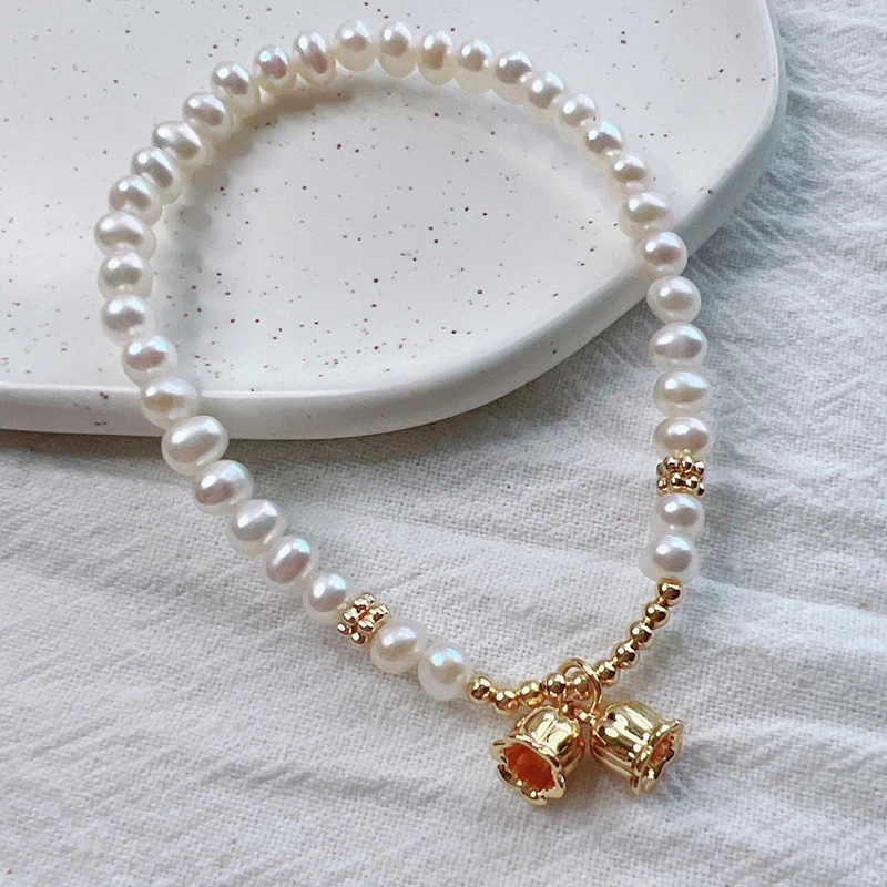 14K Gold Filled Lily of the Valley Bracelet with 4-5mm Natural Freshwater Pearls Double Bluebell Pendants Must-have Fine Jewelry