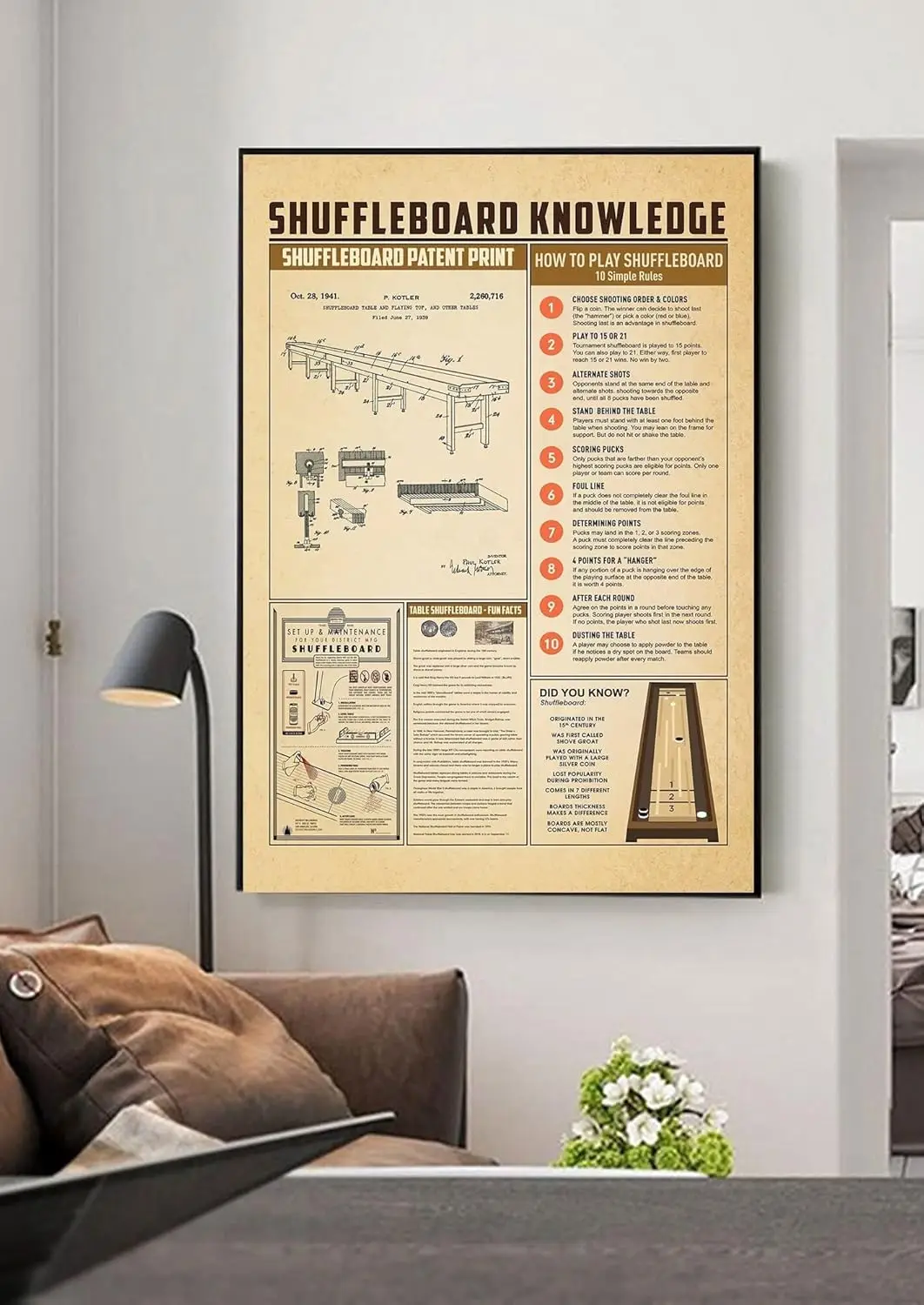 Retro Metal Tin Sign 12 X 16 Inches Shuffleboard Knowledge Poster Shuffleboard Print Poster How to Shuffleboard 10 Simple Rules