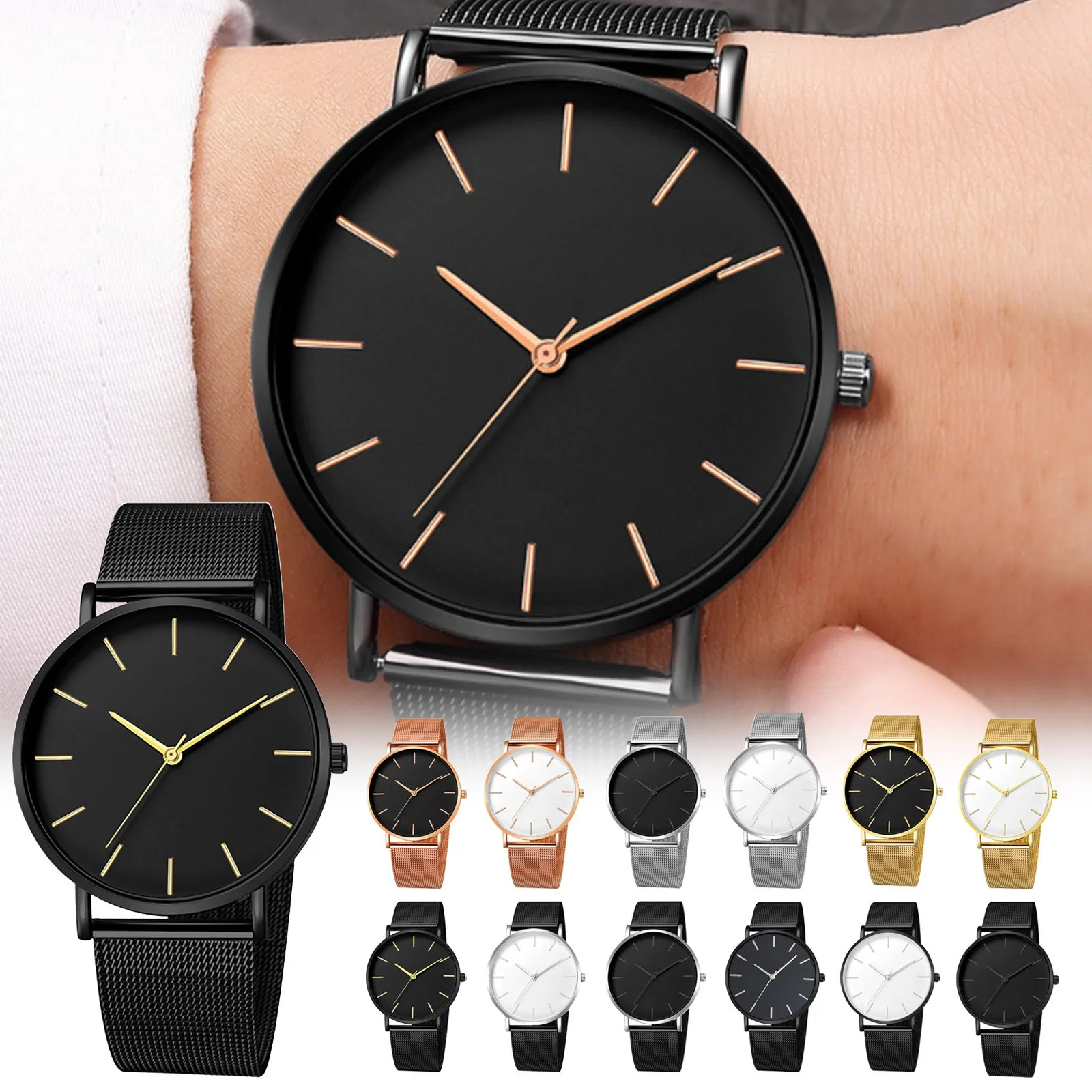 Trendy Minimalist Men’s Watch Modern Black Mesh Band Quartz Watch Chic Gold Accent Matte Black Face Slim Round Case Wristwatch
