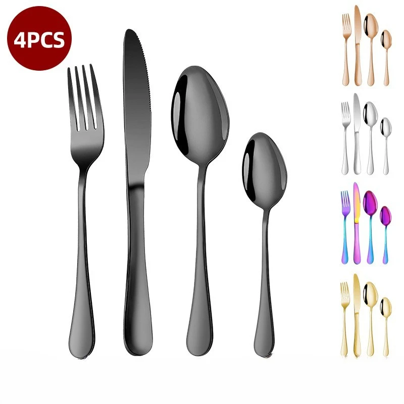 304 Stainless Steel Cutlery Western Style Steak Fork and Spoon Complete Office Kitchen Unit Household Portable Tableware 4Pc Set