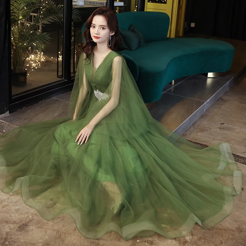 

Fancy Green Tulle Prom Dresses Elegant V-Neck A-Line Pleated Evening Long Party Gowns