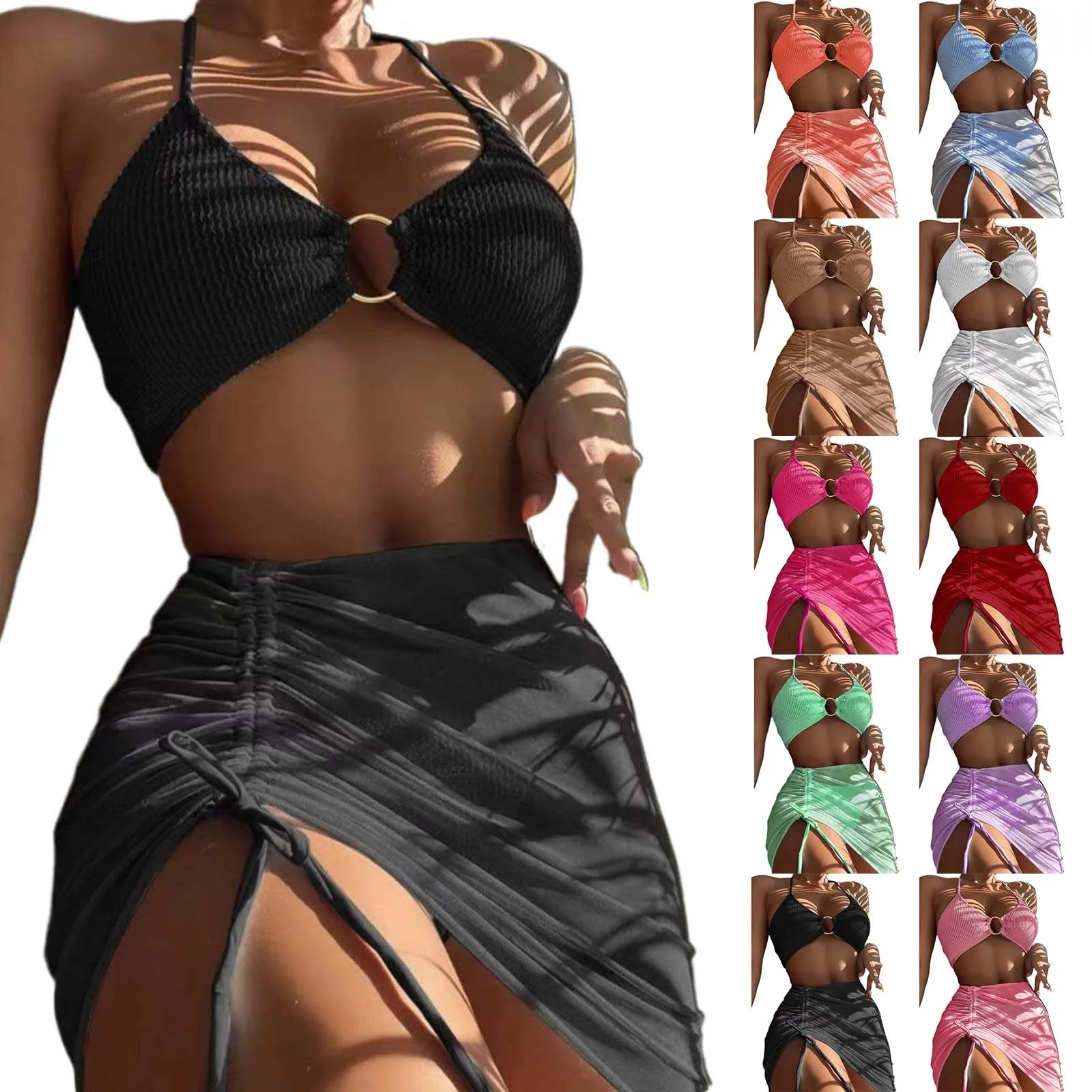 Women\'s Sexy Bikini Three Piece Set Bathing Suits Fashion Beach Halter Ring Bikini Beach Wear Swimming Wear With Cover Up Skirt