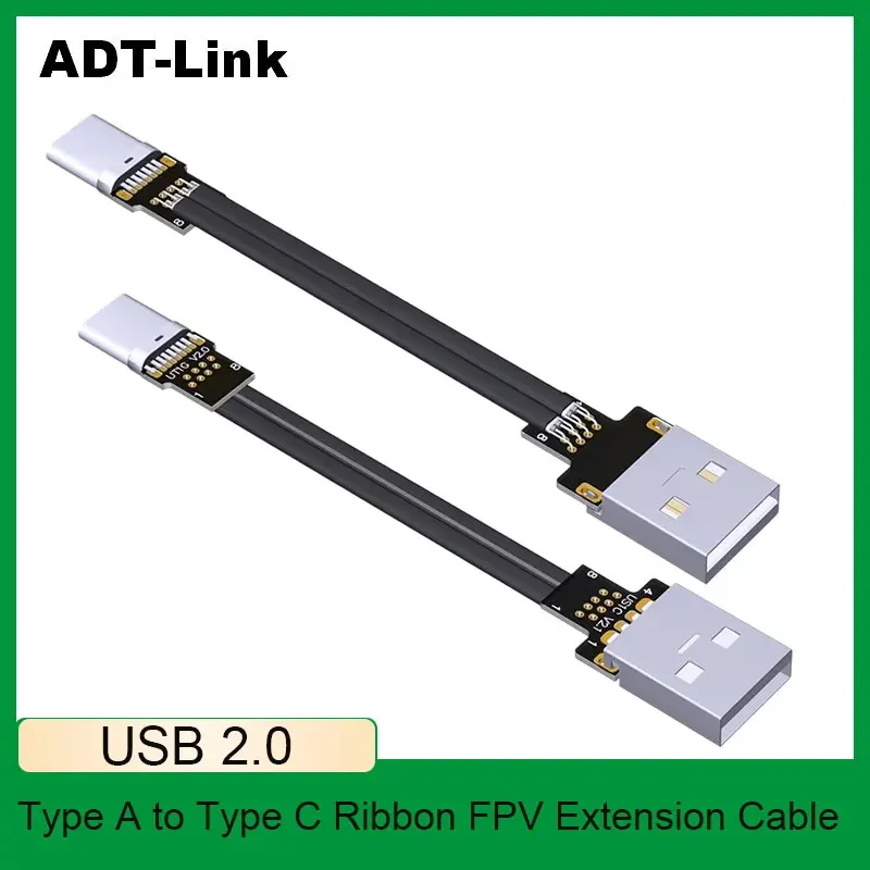 ADT-Link USB 2.0 Flat FPV Ribbon Extension Cable Type A to Type C Angled Cable 90 Degree Flexible Adapter for Video Card