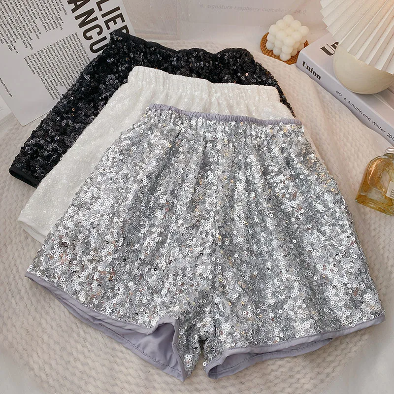 Fashion Women Sequined Shorts 2025 Spring Autumn Elastic High Waist Black Casual Shorts Ladies All Match Slim Wide Leg Shorts