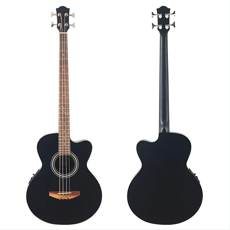 

Matte black 4 string acoustic-electric bass guitar with tuner eq spruce plywood top with sapele
