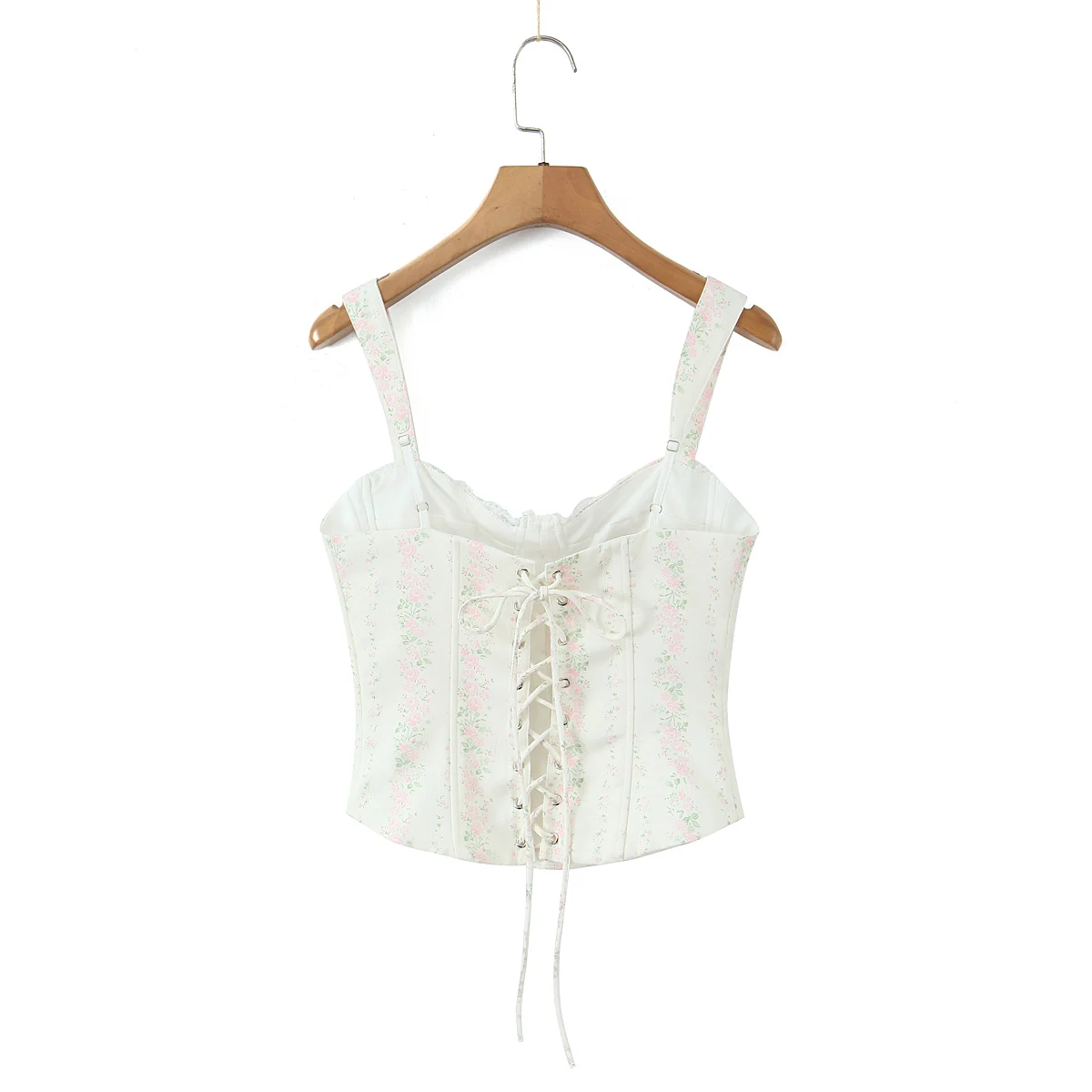 Sexy Floral Print V Neck Bra Chest Cross Lacing Up Bandage Back Tank Top + Zipper High Waist A-lined Mini Skirt 2 Pieces Set view 3