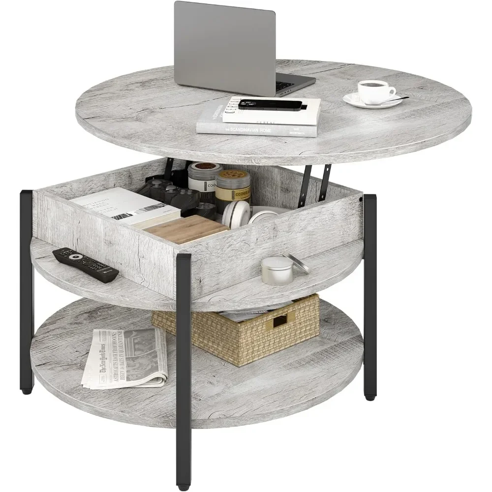

Round Lift Top Coffee Table for Living Room, 35.43'' Round Coffee Table with Storage and Hidden Compartment, 2 Tier Large Farmh