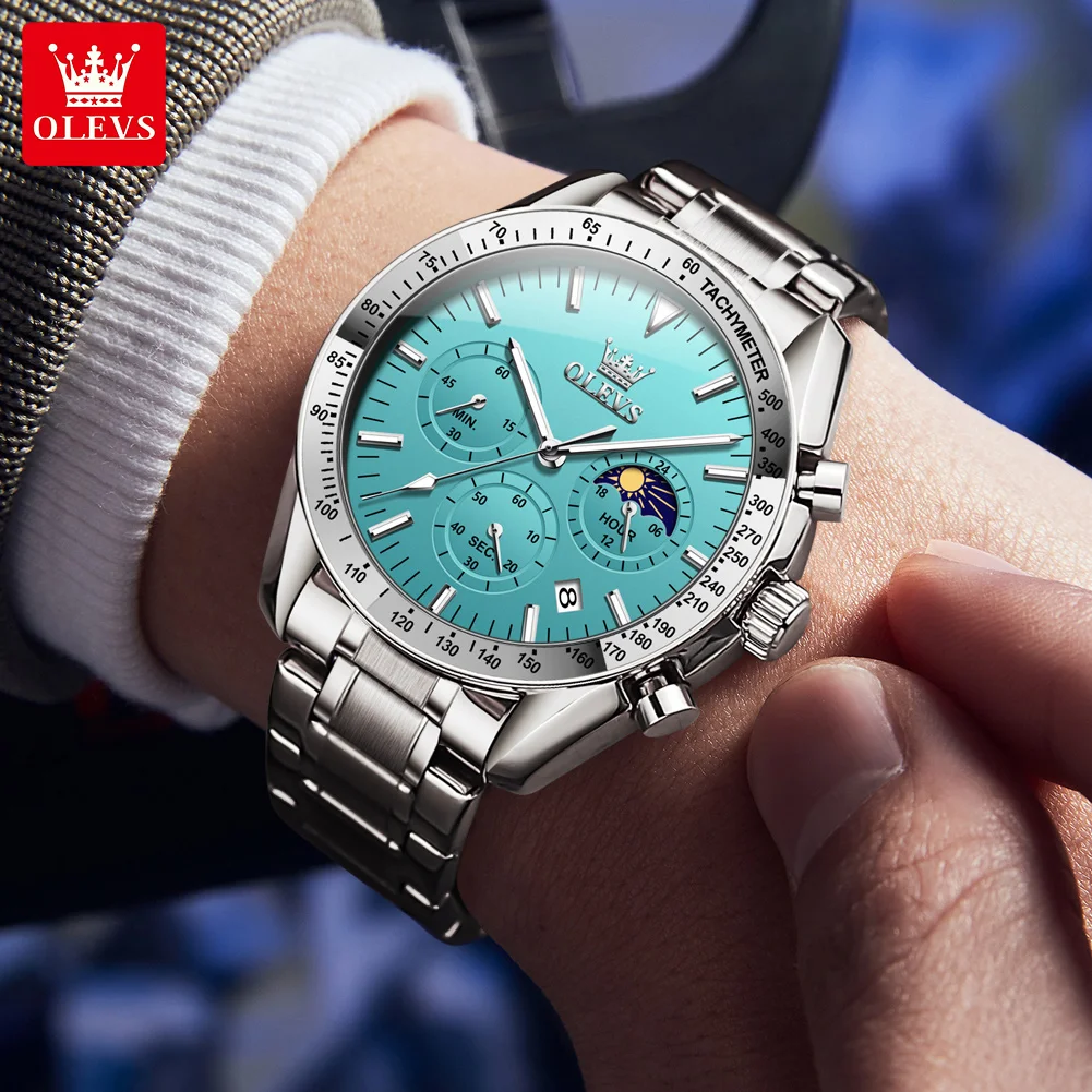 OLEVS Brand New Fashion Light Blue Quartz Watch Men Stainless Steel Waterproof Luminous Date Moon Phase Chronograph Watches Mens