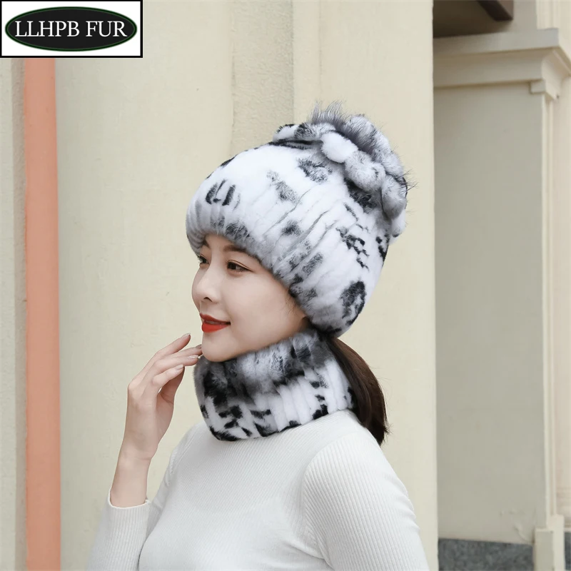 Winter Real Rex Rabbit Fur Hat Scarf Sets Women Knitted Thick Real Rex Rabbit Fur Cap Scarves Outdoor Warm Lady 100% Natural Fur